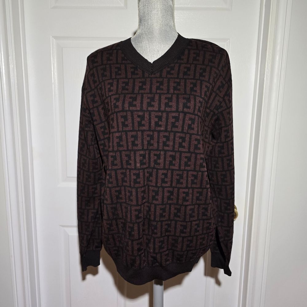 Fendi Brown and Black FF Logo V-Neck Sweater